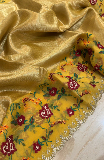 Banarasi Tissue Brocade Saree With Organza Cross Stitch Embroidery Border