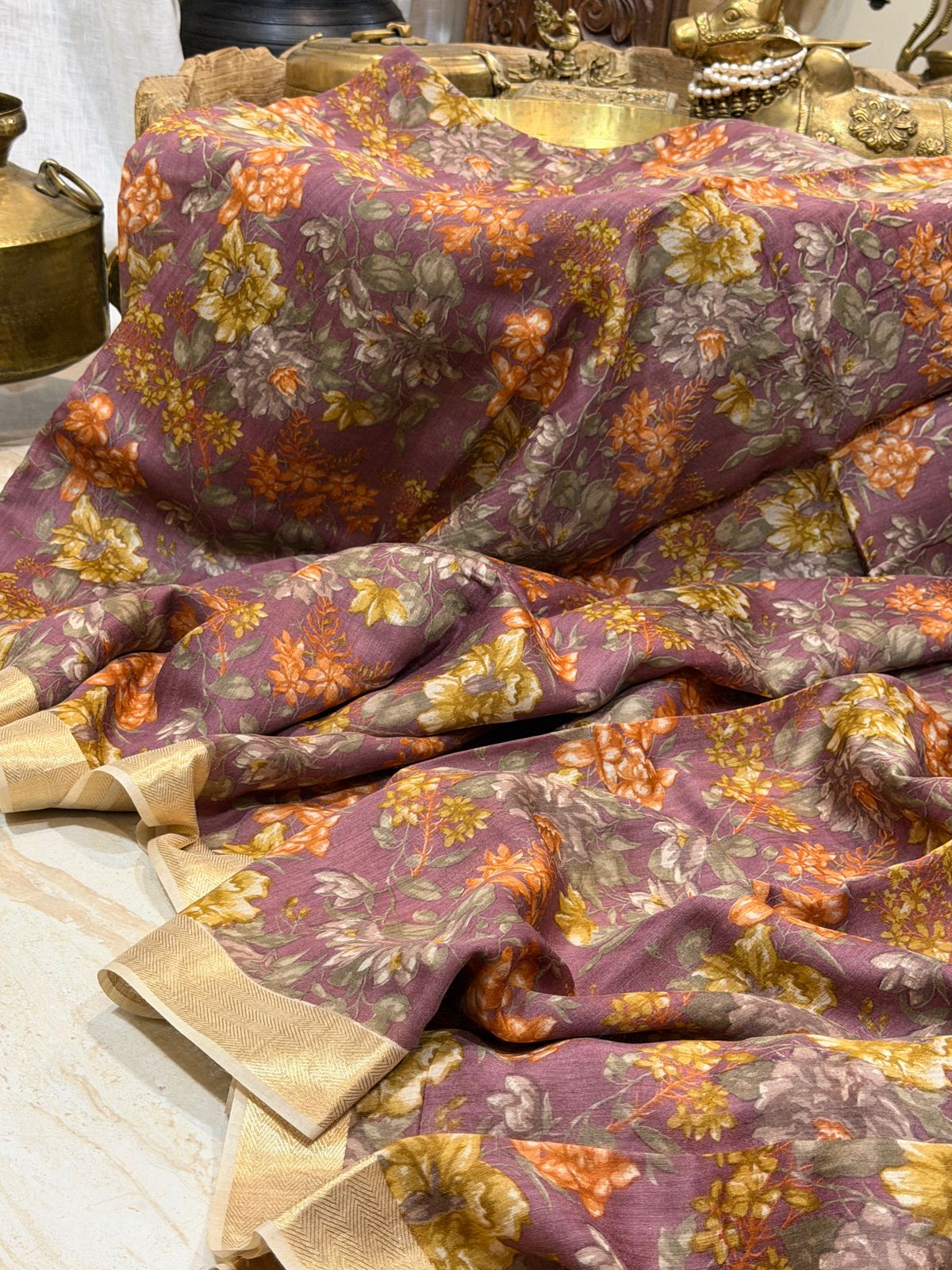 Banarasi Munga Digital Print Saree With Ghachi Tussar Pallu