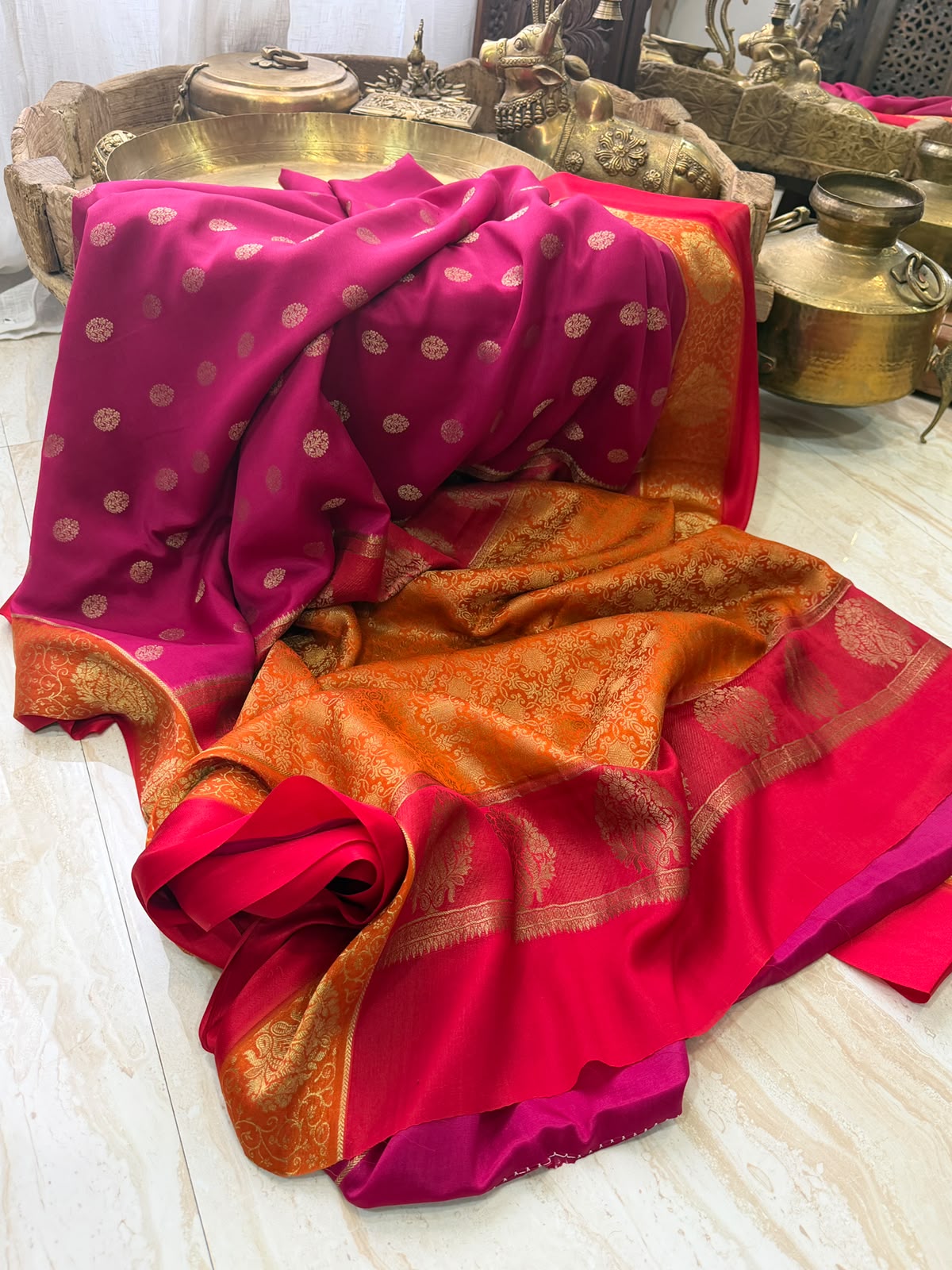 Mysore Brocade Crepe Silk Saree with Zari Weave | 3-Color Dye