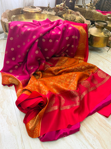 Mysore Brocade Crepe Silk Saree with Zari Weave | 3-Color Dye