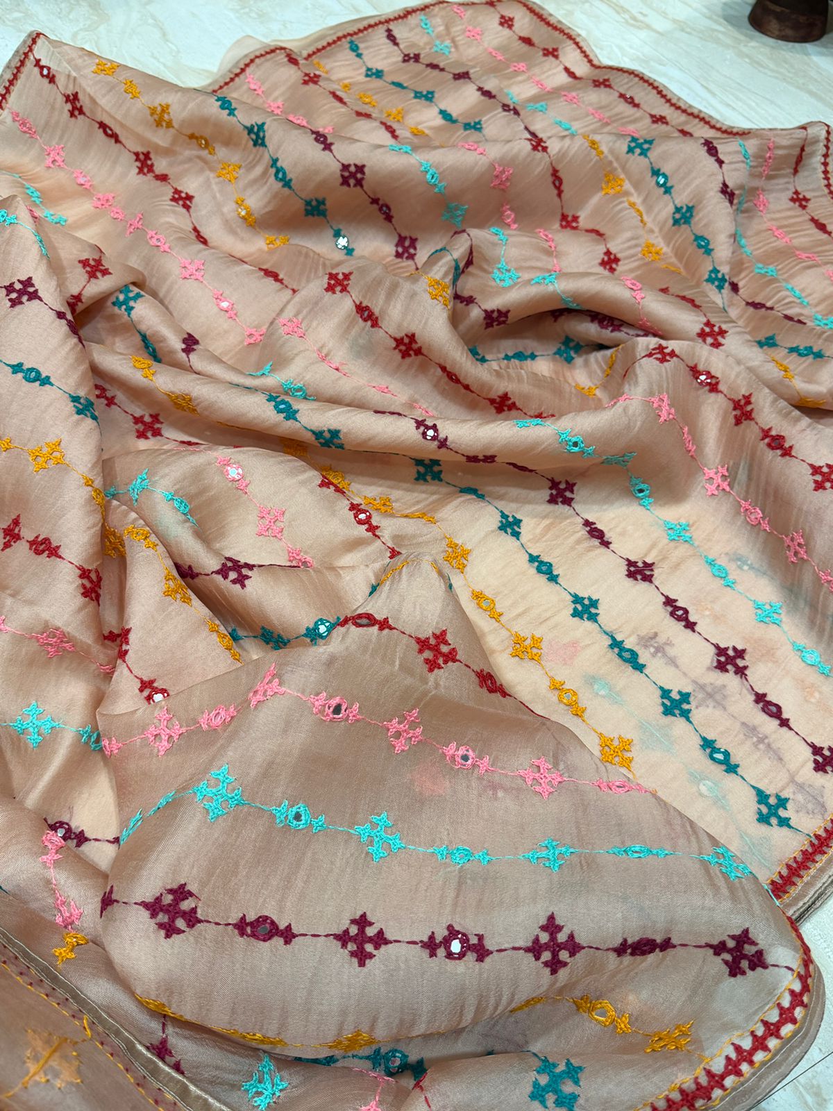 Pure Organza Saree With Kutch Embroidery All Over
