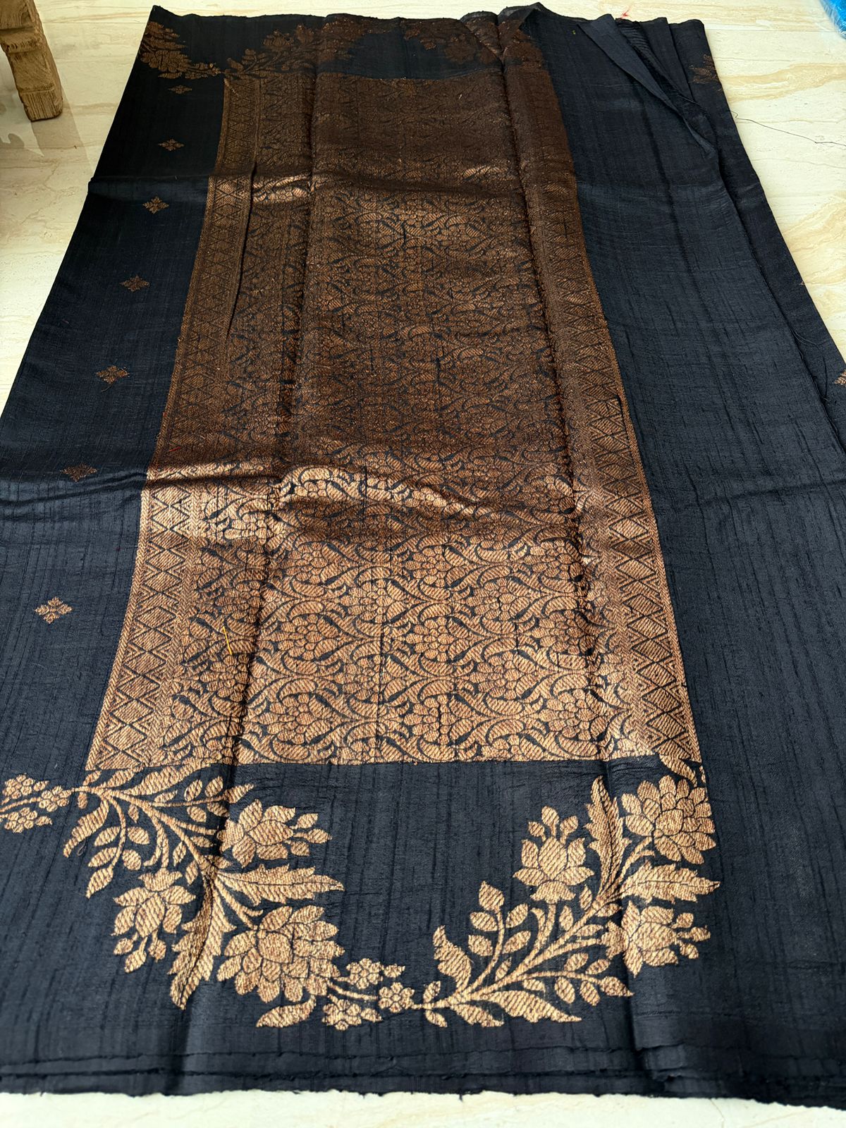 Beautiful Jet Black Dupion Raw Silk Banarasi Saree with Zari Weave All Over