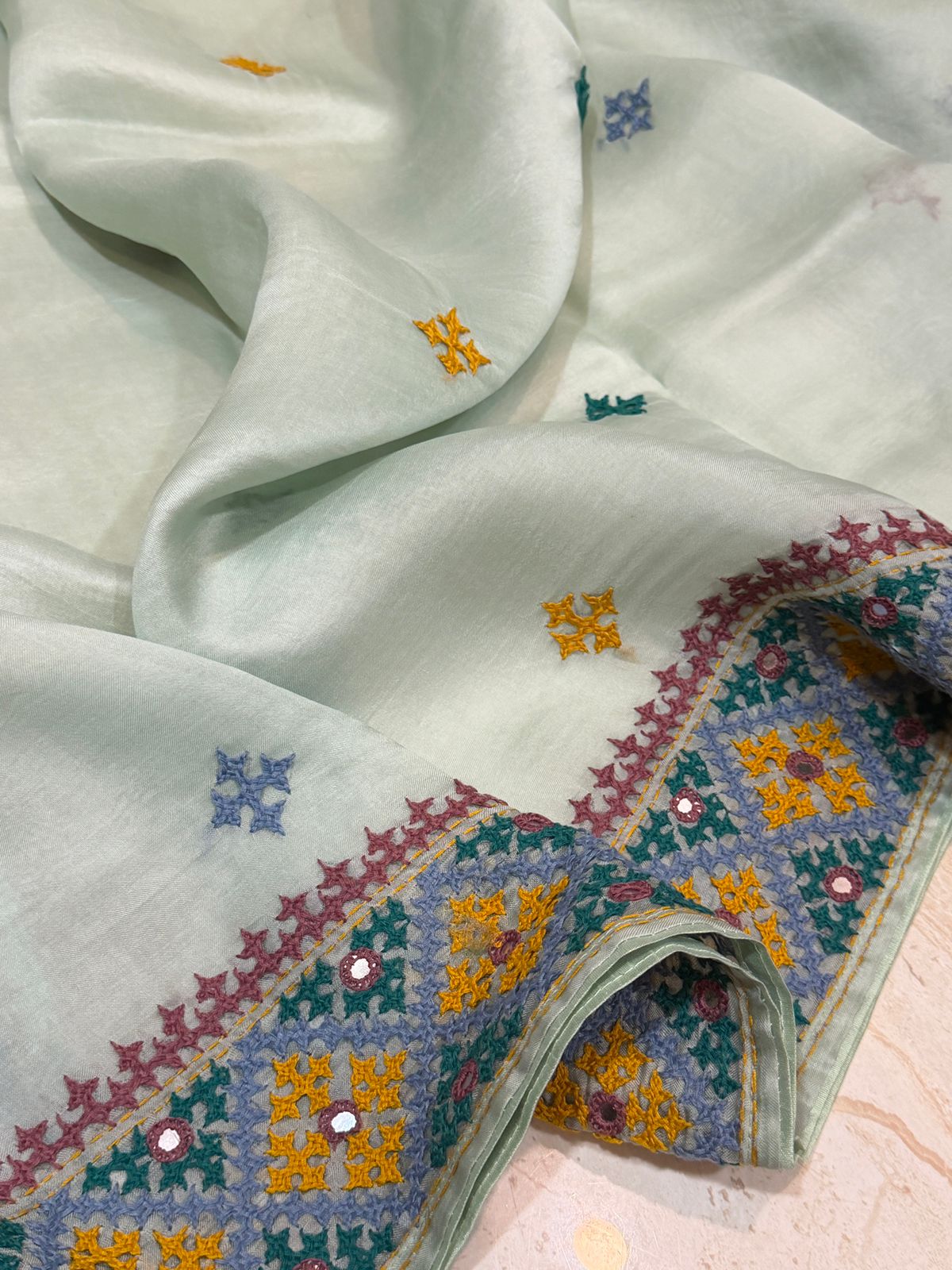 Elegant Organza Saree with Hand Kutch Embroidery