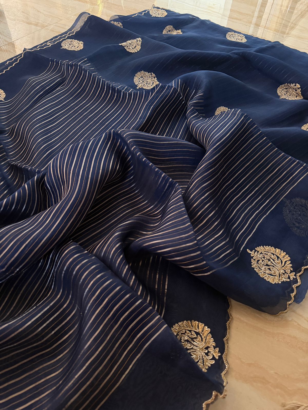Pure Organza Saree Zari Stripes Saree With Hand Zardozi Dabka Work Butta