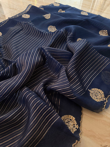 Pure Organza Saree Zari Stripes Saree With Hand Zardozi Dabka Work Butta