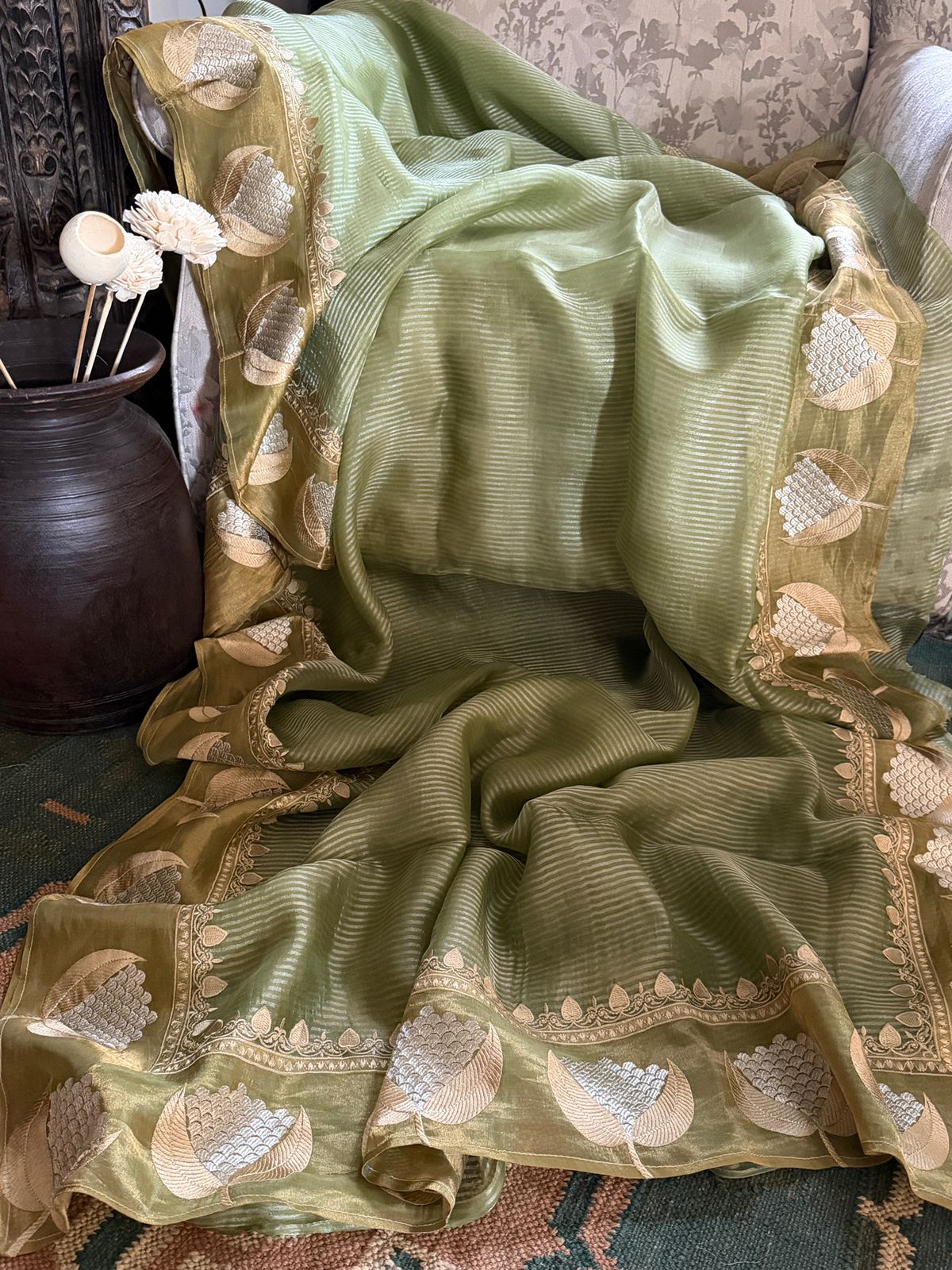 Banarasi Soft Tissue Silk Saree With Embroidery Border & Cross Stitch Blouse Piece