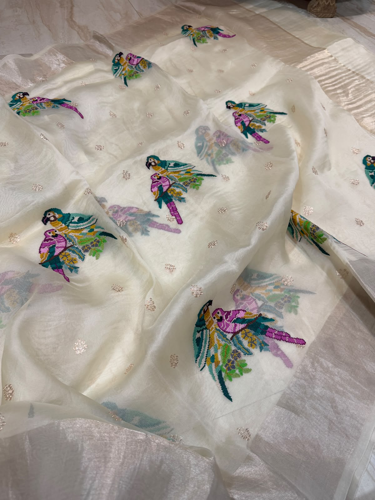 Organza Silk Saree With Pettit Point Embroidery