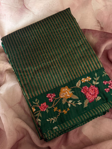 Pure Banarasi Soft Zari Stripes Saree with Cross Stitch Embroidery