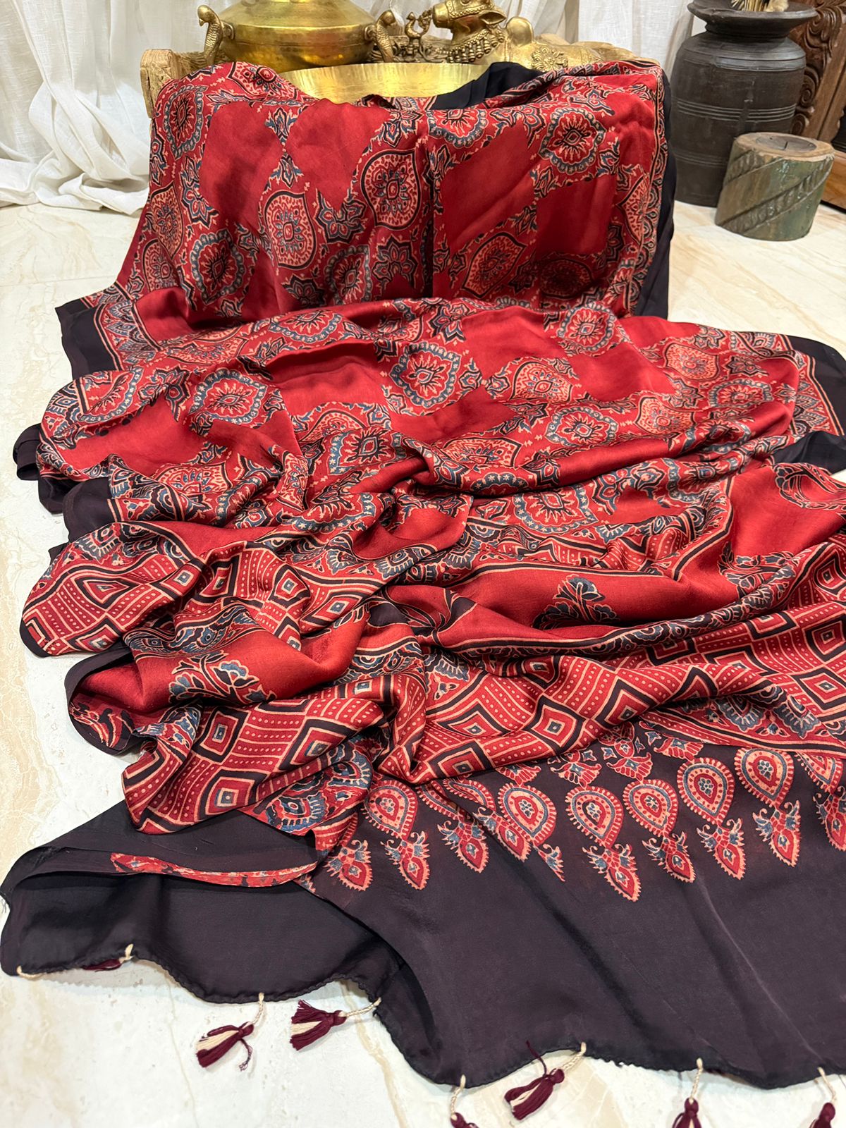 Pure Modal Silk Saree Hand Block Ajrakh Print
