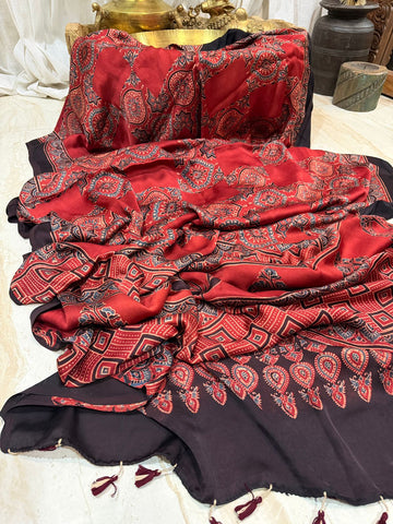 Pure Modal Silk Saree Hand Block Ajrakh Print