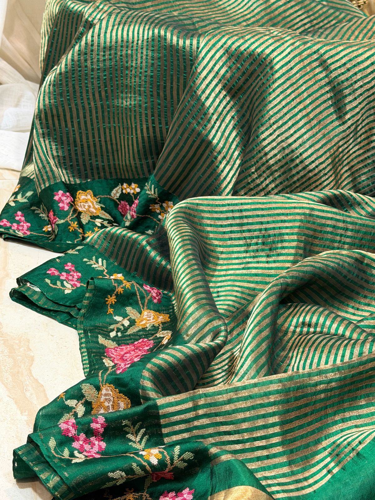 Pure Banarasi Soft Zari Stripes Saree with Cross Stitch Embroidery