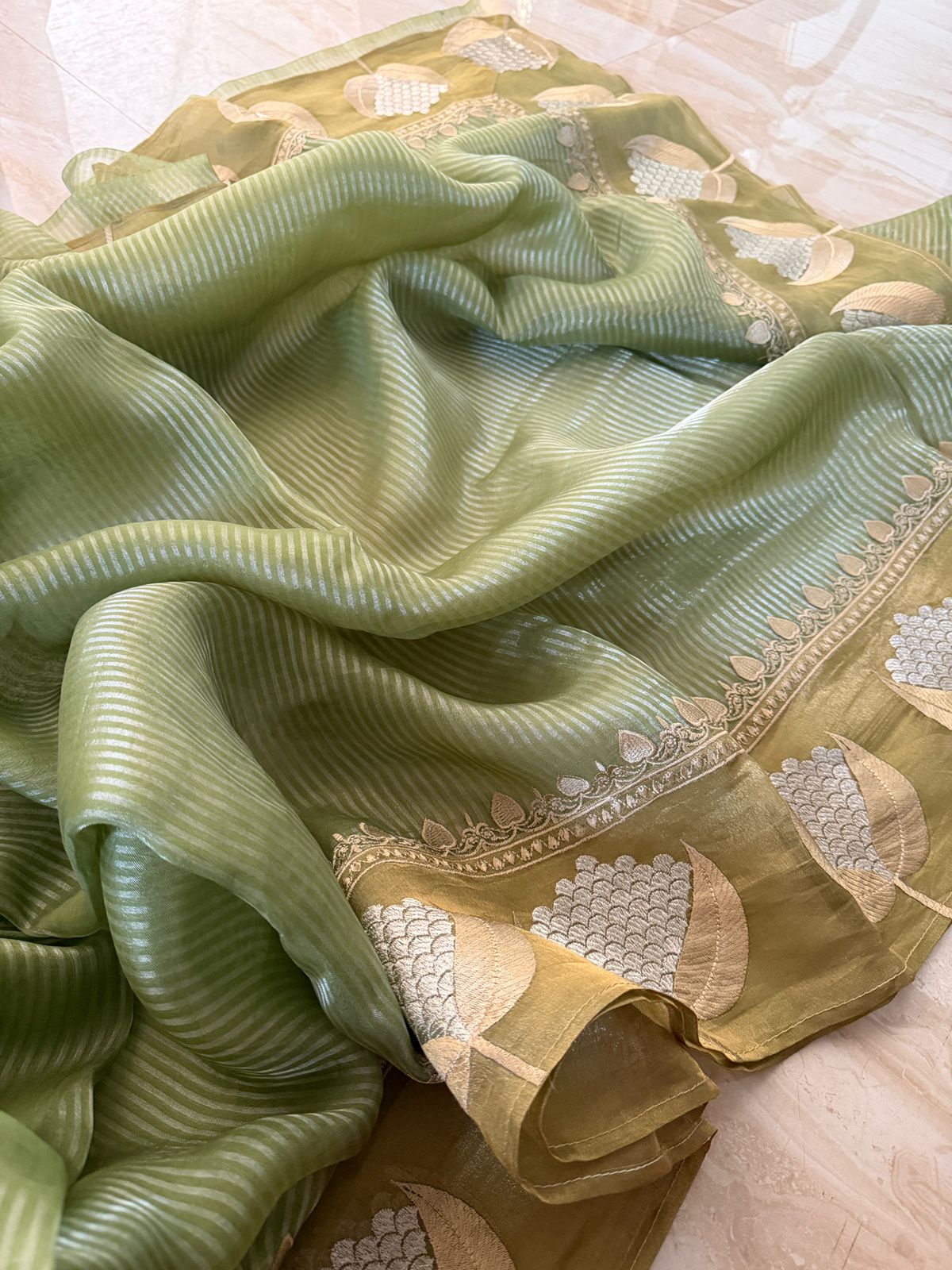 Banarasi Soft Tissue Silk Saree With Embroidery Border & Cross Stitch Blouse Piece