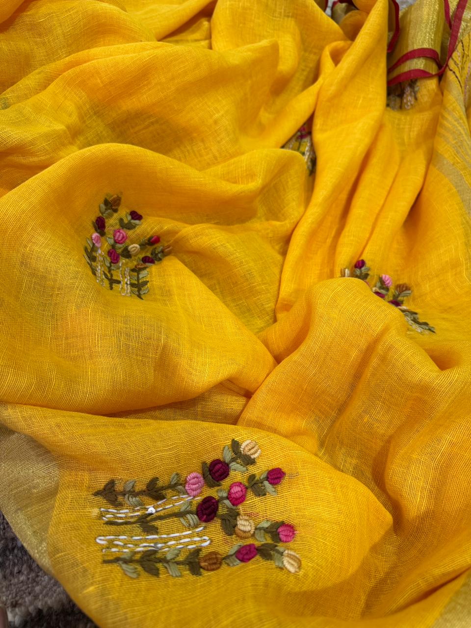 Pure Handloom Linen By Linen French Knot Embroidery Saree