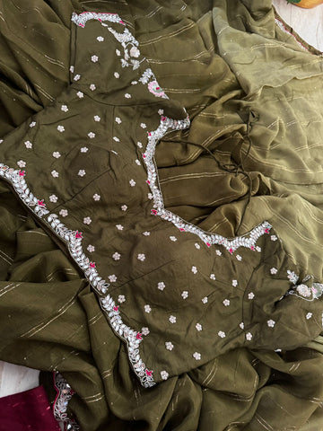 Designer Chinon Satin Crepe Saree with Zardozi Work