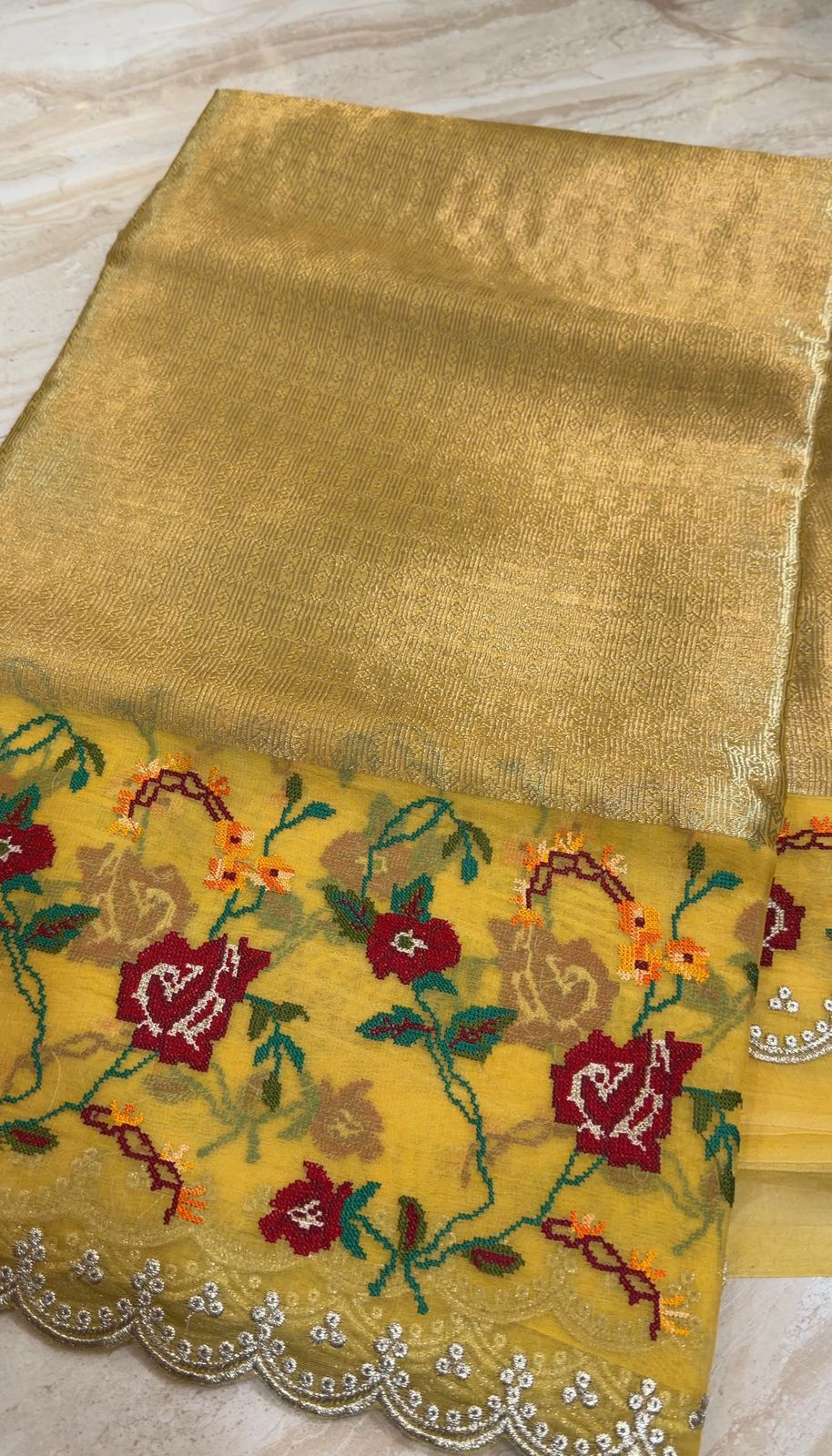 Banarasi Tissue Brocade Saree With Organza Cross Stitch Embroidery Border