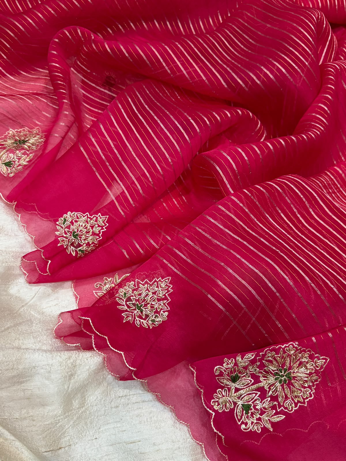 Vibrant Pink Organza Silk Saree with Exquisite Zardozi Butta Work