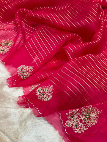 Vibrant Pink Organza Silk Saree with Exquisite Zardozi Butta Work