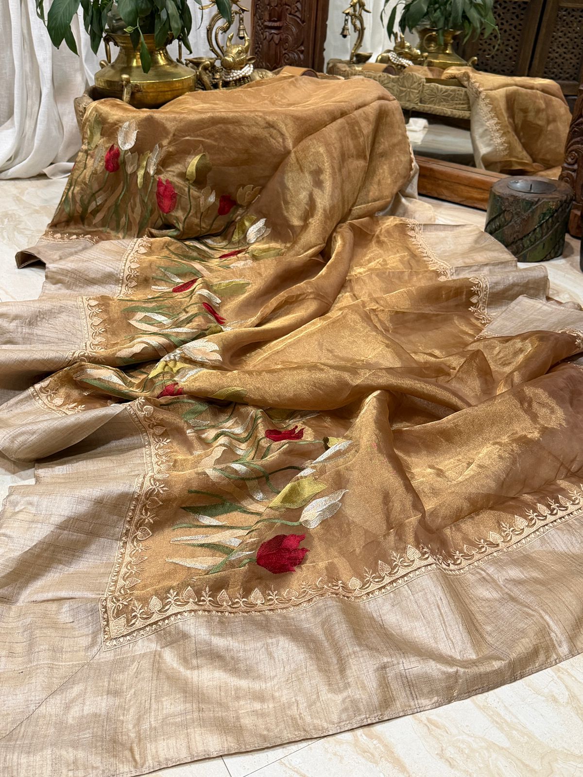 Banarasi Soft Tissue Embroidery Silk Saree With Tussar Border