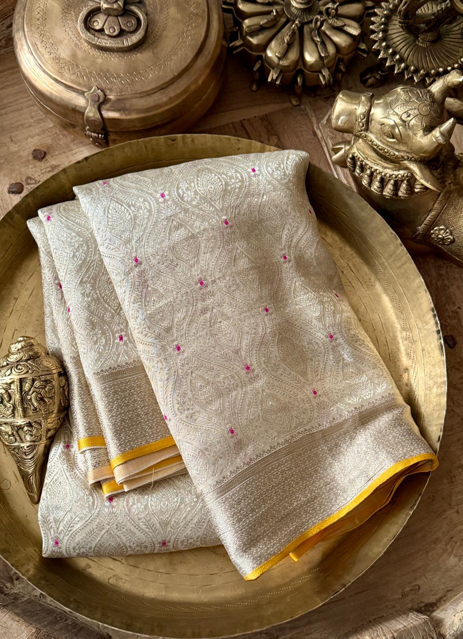 Pure Mysore Brocade Crepe Silk Saree With Meenakari Weave