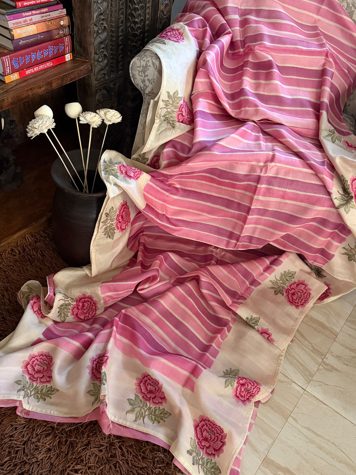 Tussar Silk Hand Brush Dye Saree with Cross Stitch Embroidery Buta