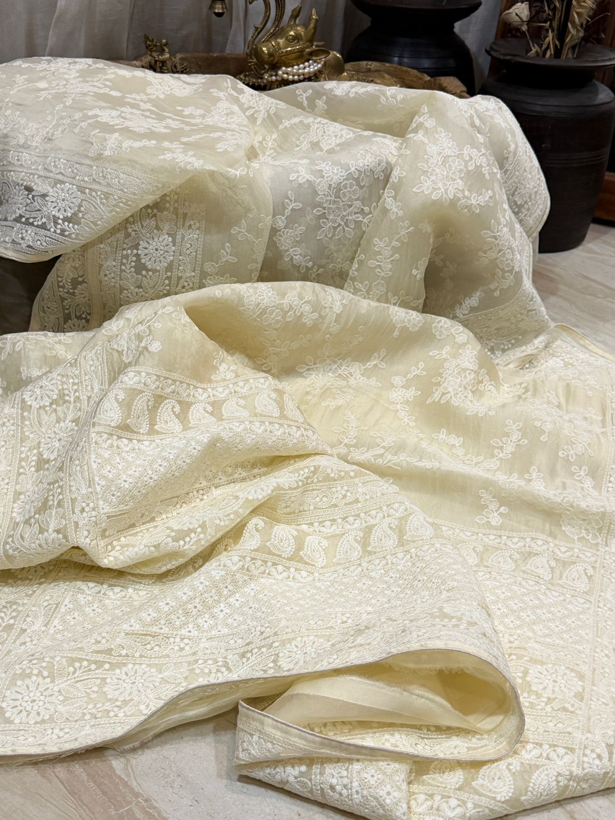 Pure Organza Sik Saree With Machine Embroidery Chikankari Work All Over