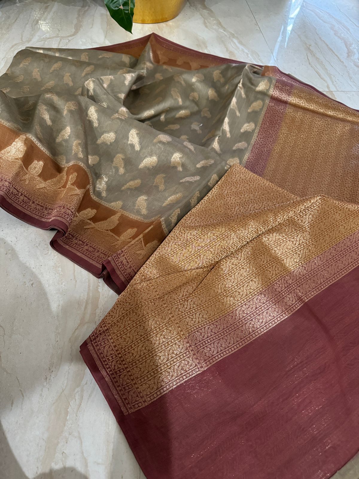 Banarasi Handloom Moonga Saree with Zari Weave
