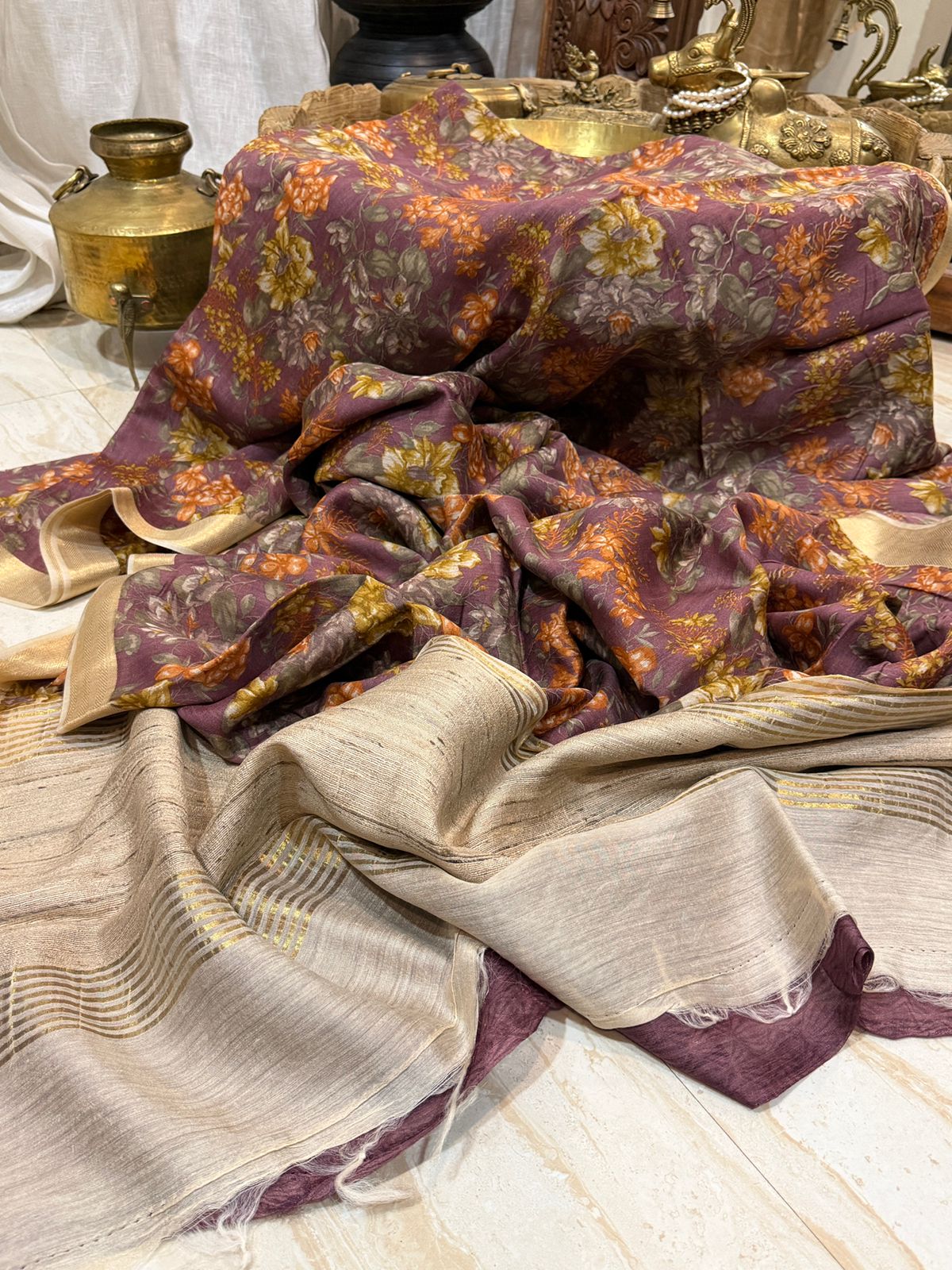 Banarasi Munga Digital Print Saree With Ghachi Tussar Pallu