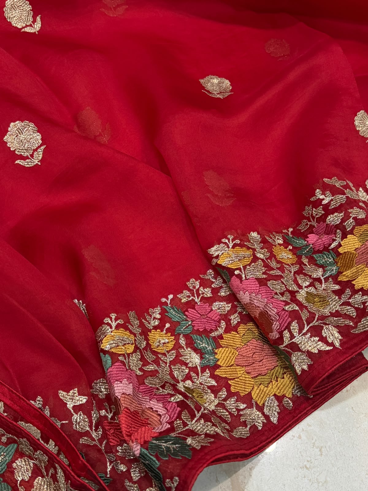 Pure Organza Silk Saree With Machine Embroidery