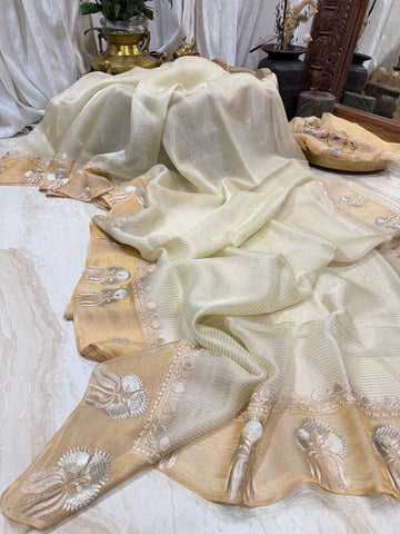 Banarasi Soft Tissue Silk Saree With Embroidery Border & Cross Stitch Blouse Piece