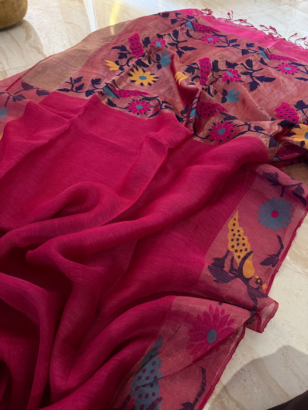 Pure Handloom Linen Silk Tissue Border and Pallu with Paithani Weave