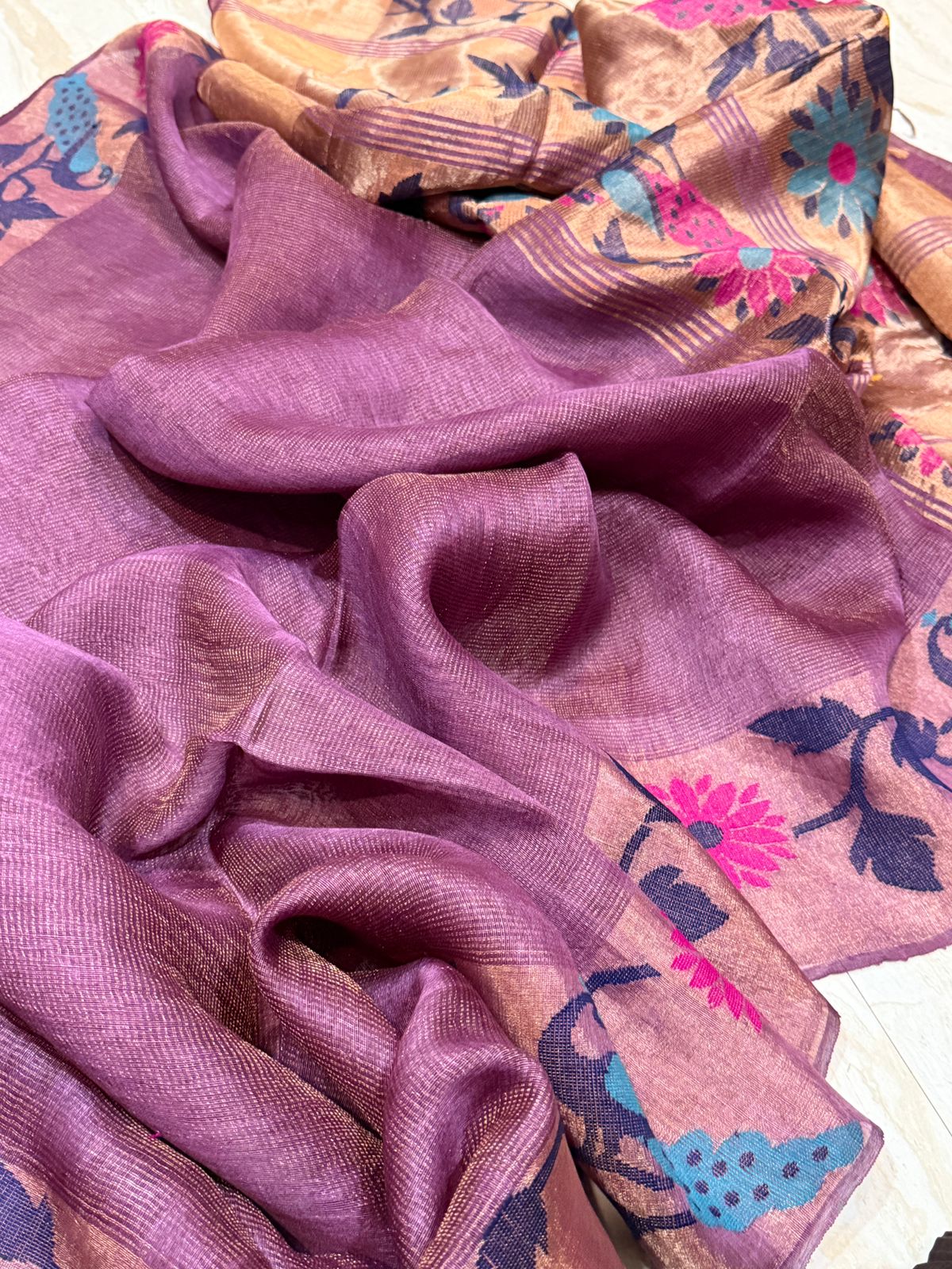 Pure Linen Silk Tissue Border and Pallu Saree With Paithani Weave
