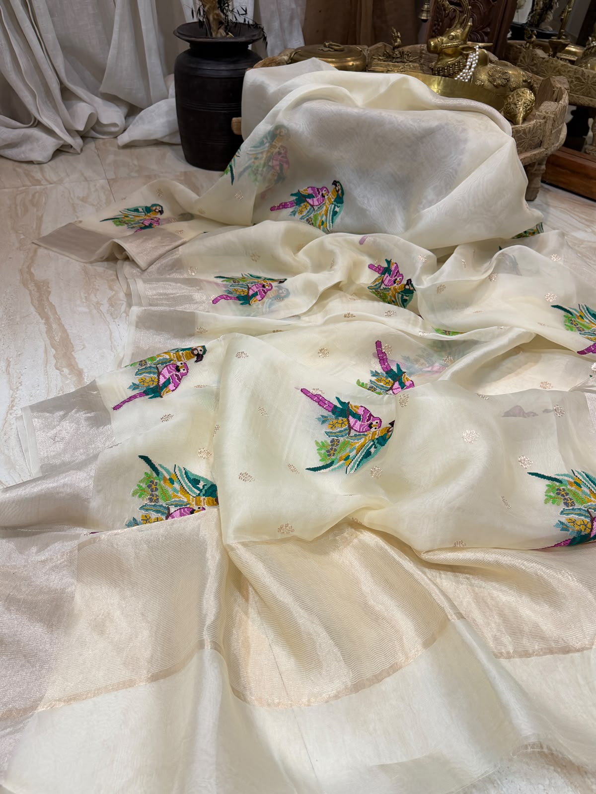 Organza Silk Saree With Pettit Point Embroidery