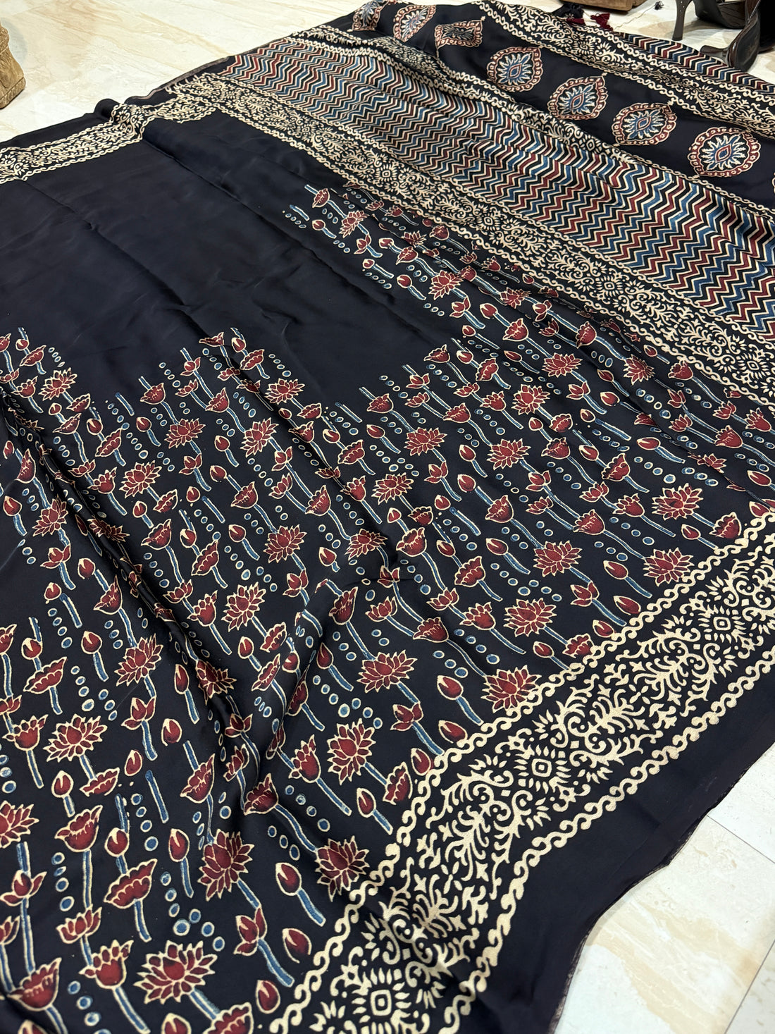 Pure Modal Silk Saree Hand Block Ajrakh Print