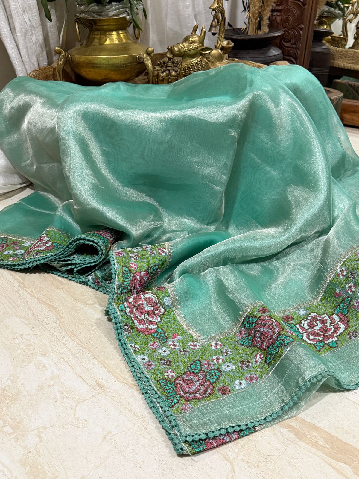 Banarasi Soft Tissue Silk Saree With Cross Stitch Embroidery Border