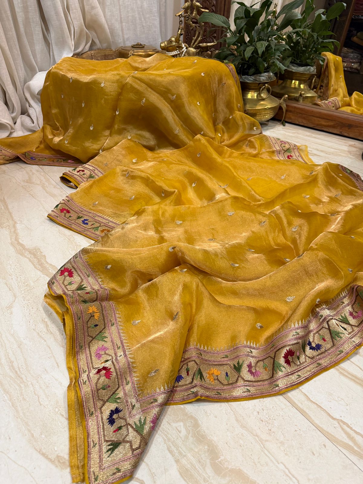 Premium Soft Tissue Silk Saree With Paithani Embroidery Border