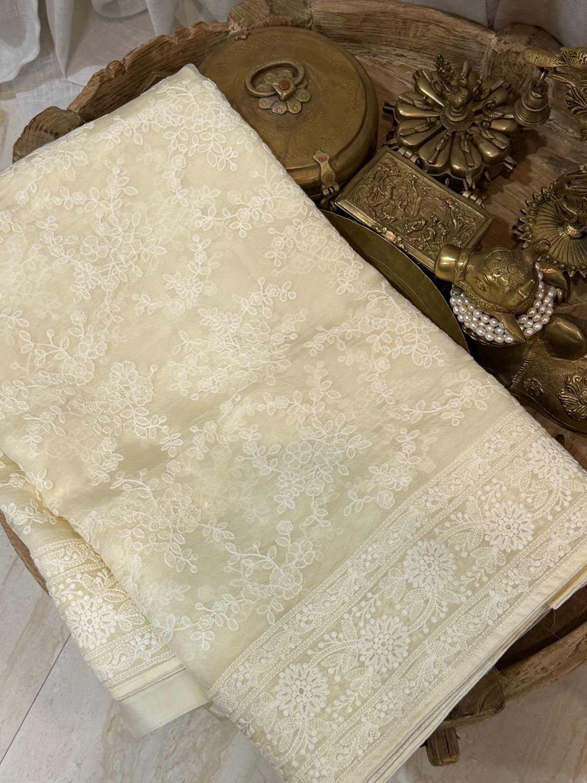 Pure Organza Sik Saree With Machine Embroidery Chikankari Work All Over