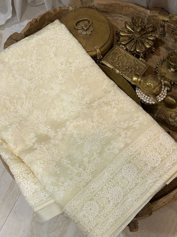 Pure Organza Sik Saree With Machine Embroidery Chikankari Work All Over