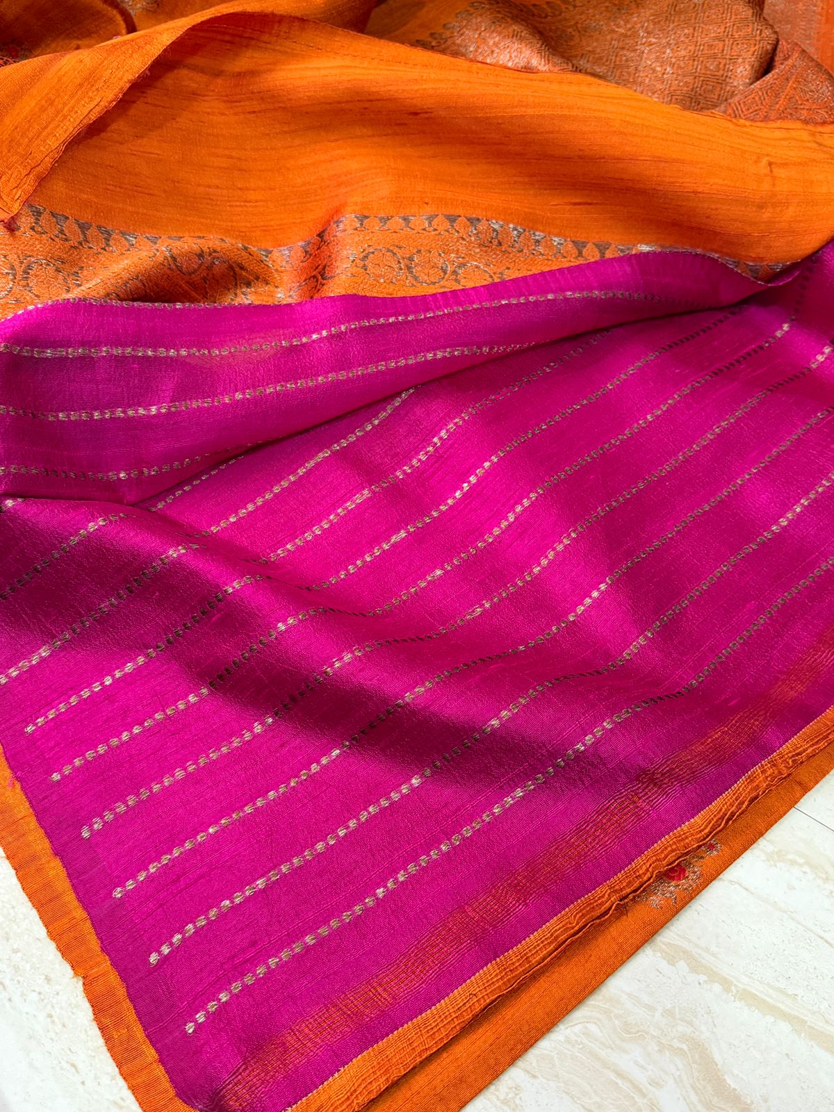 Pure Handloom Tussar Raw Silk Banarasi Saree With Meenakari