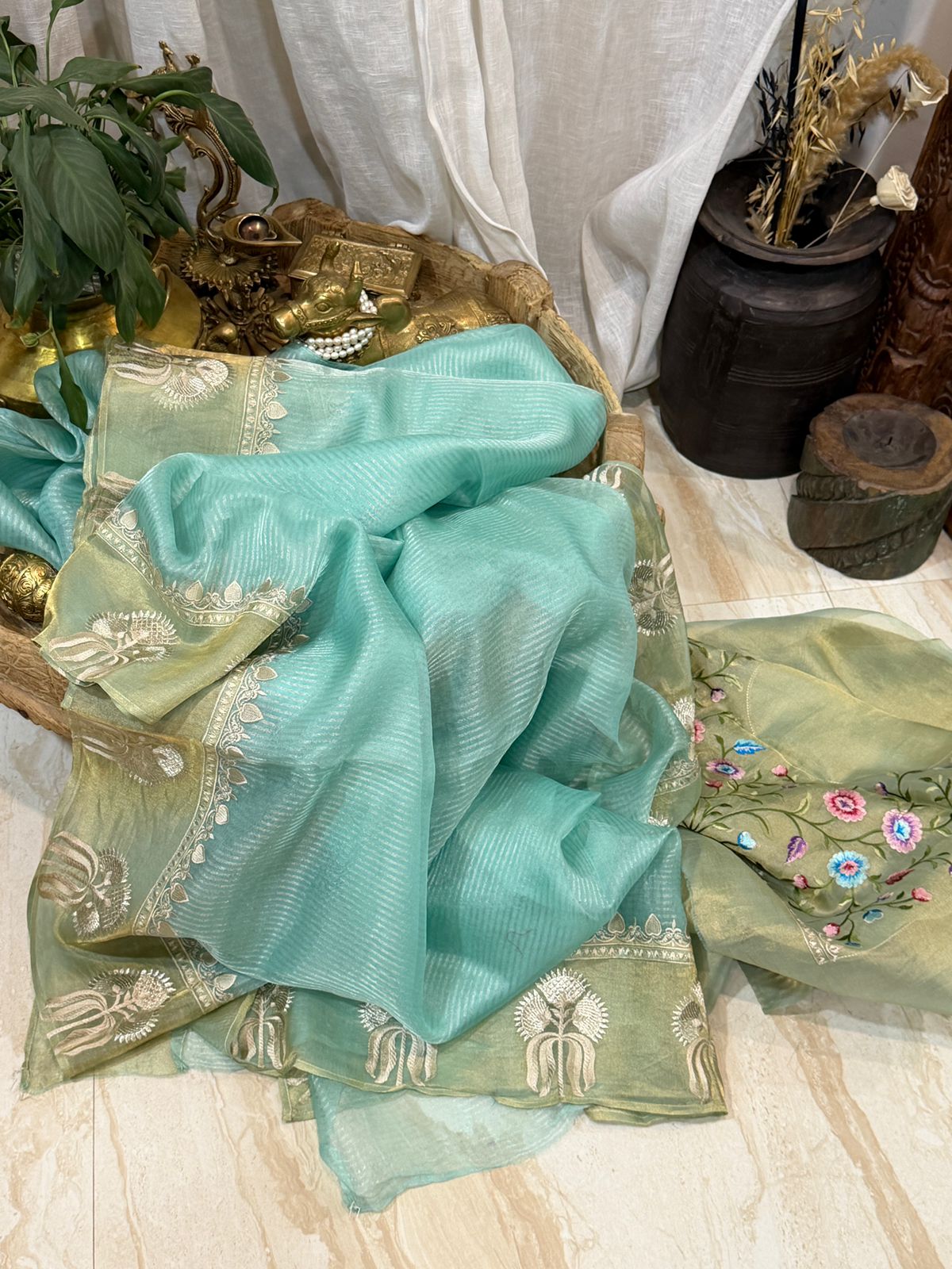 Banarasi Soft Tissue Silk Saree With Embroidery Border & Embroidery Blouse Piece