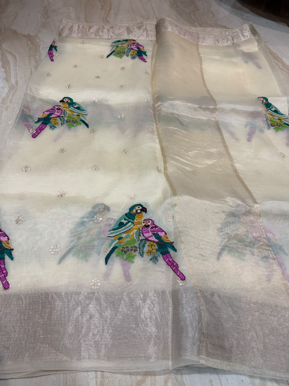 Organza Silk Saree With Pettit Point Embroidery
