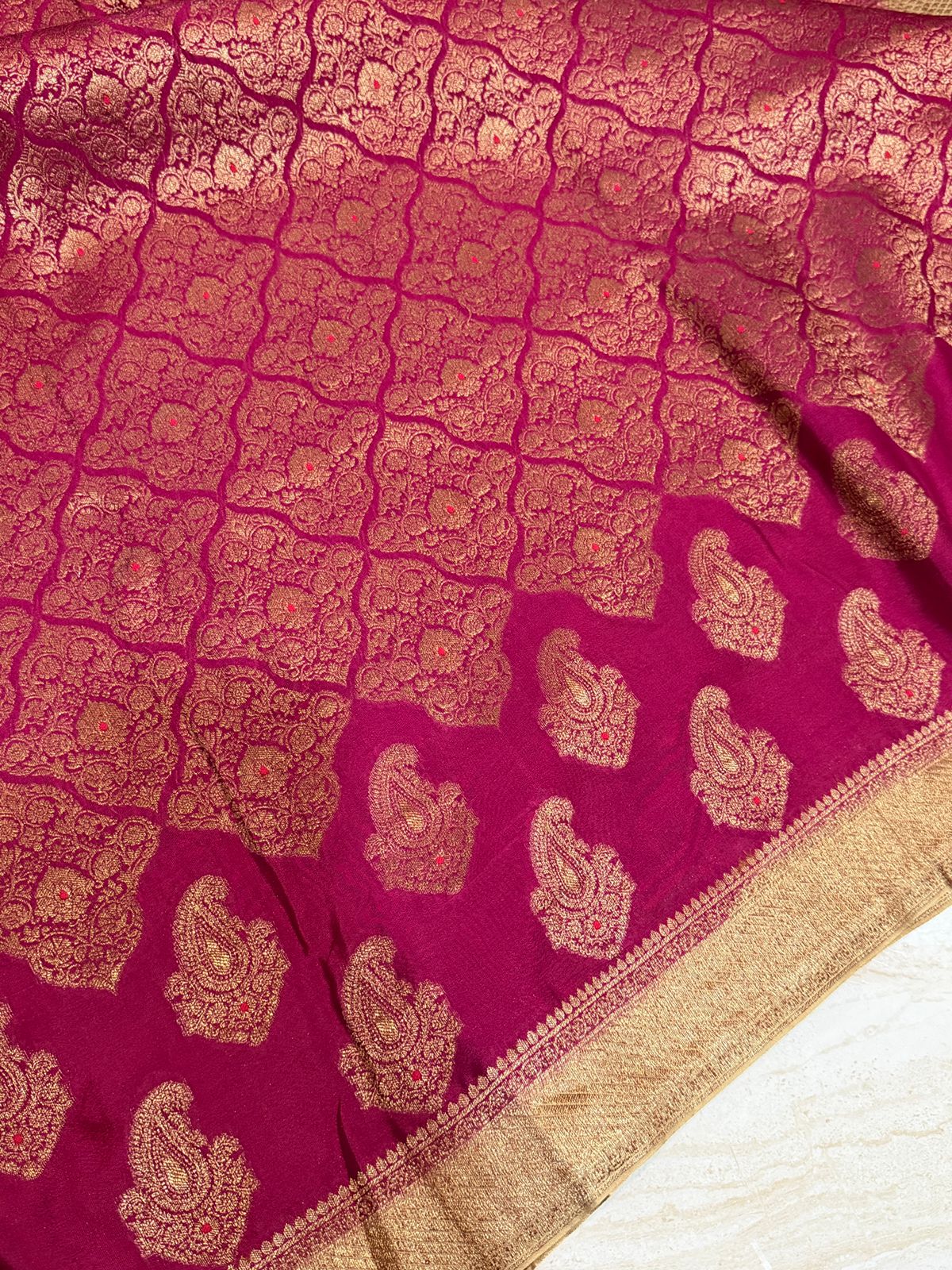 Pure Mysore Brocade Crepe Silk Saree With Meenakari Weave