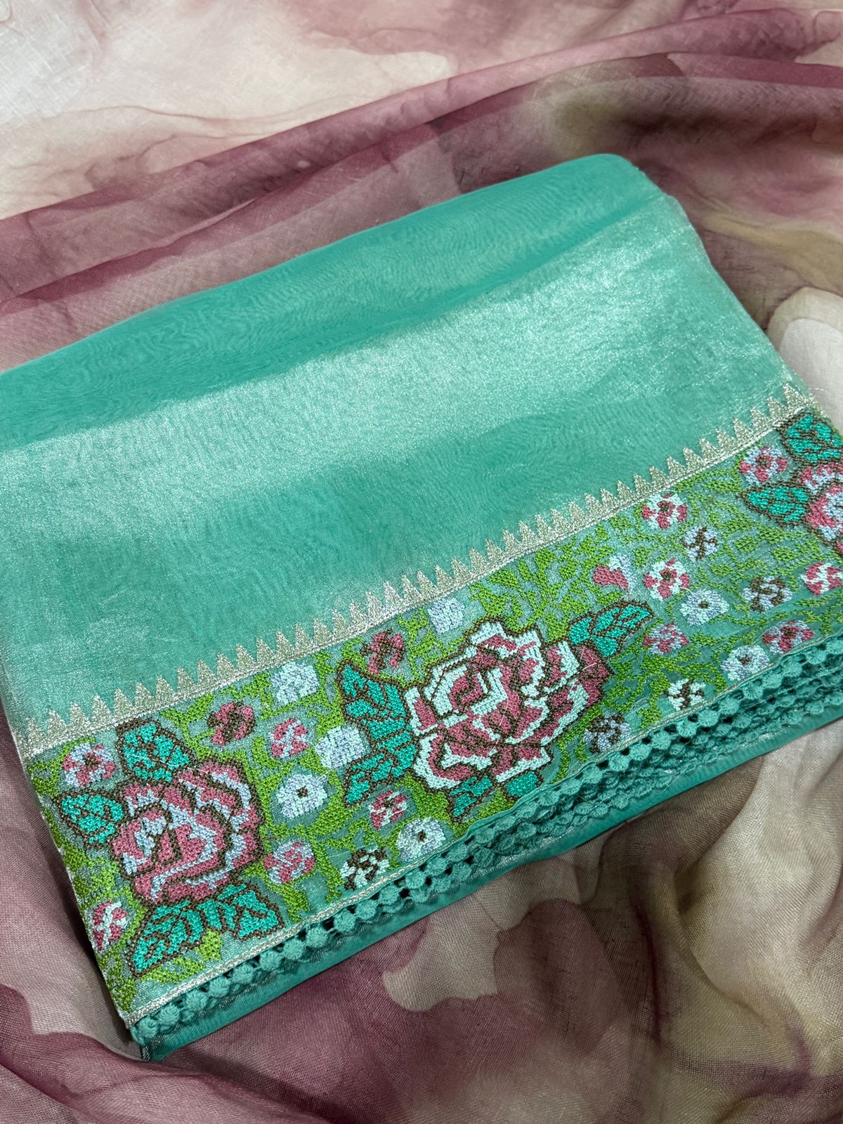 Banarasi Soft Tissue Silk Saree With Cross Stitch Embroidery Border