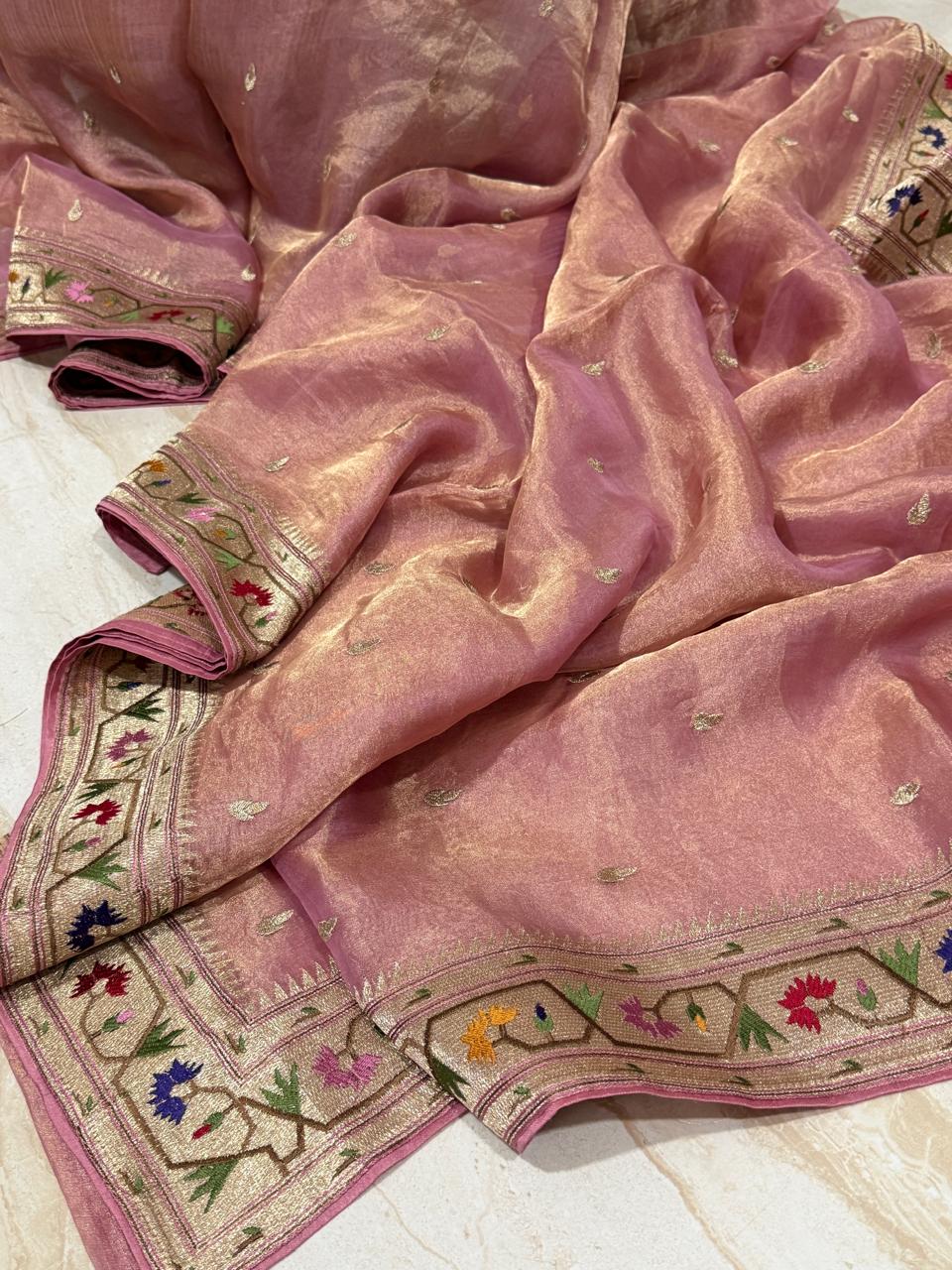 Premium Soft Tissue Silk Saree With Paithani Embroidery Border