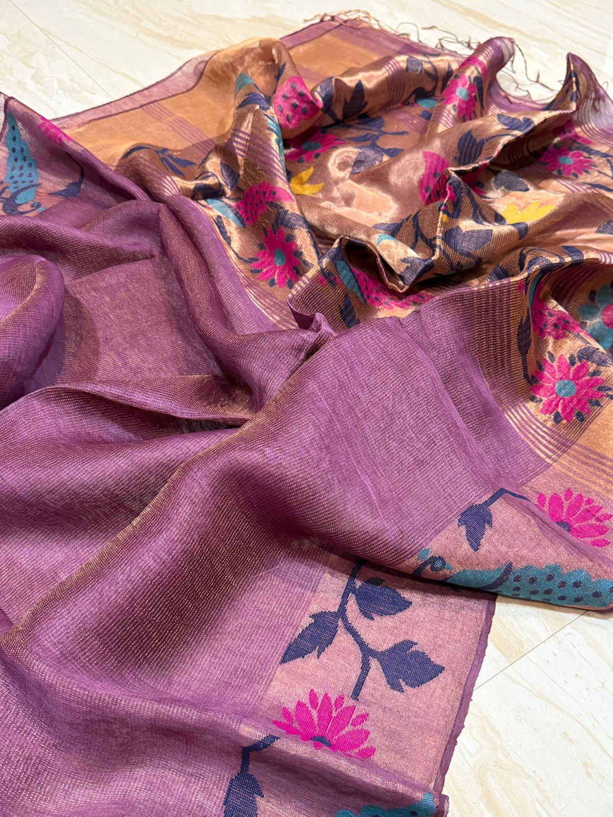 Pure Linen Silk Tissue Border and Pallu Saree With Paithani Weave
