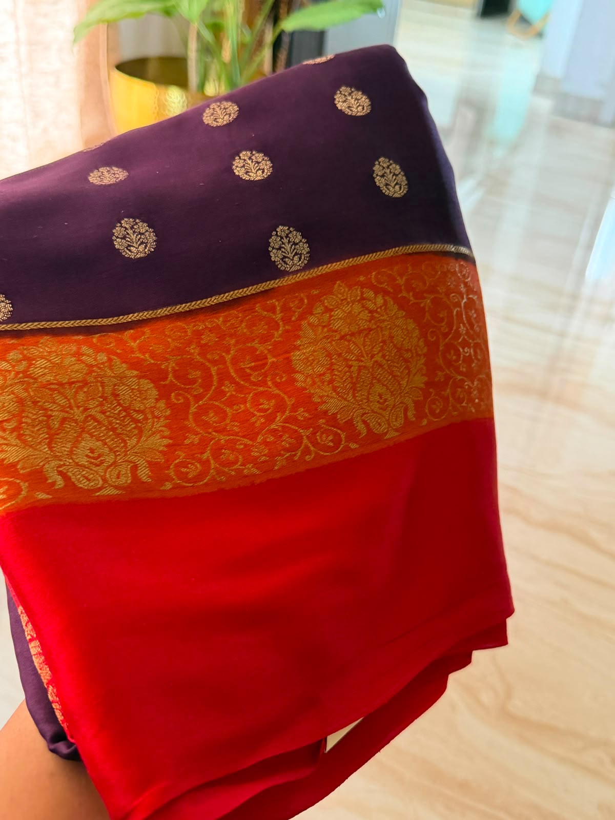 Mysore Brocade Crepe Silk Saree with Zari Weave | 3-Color Dye