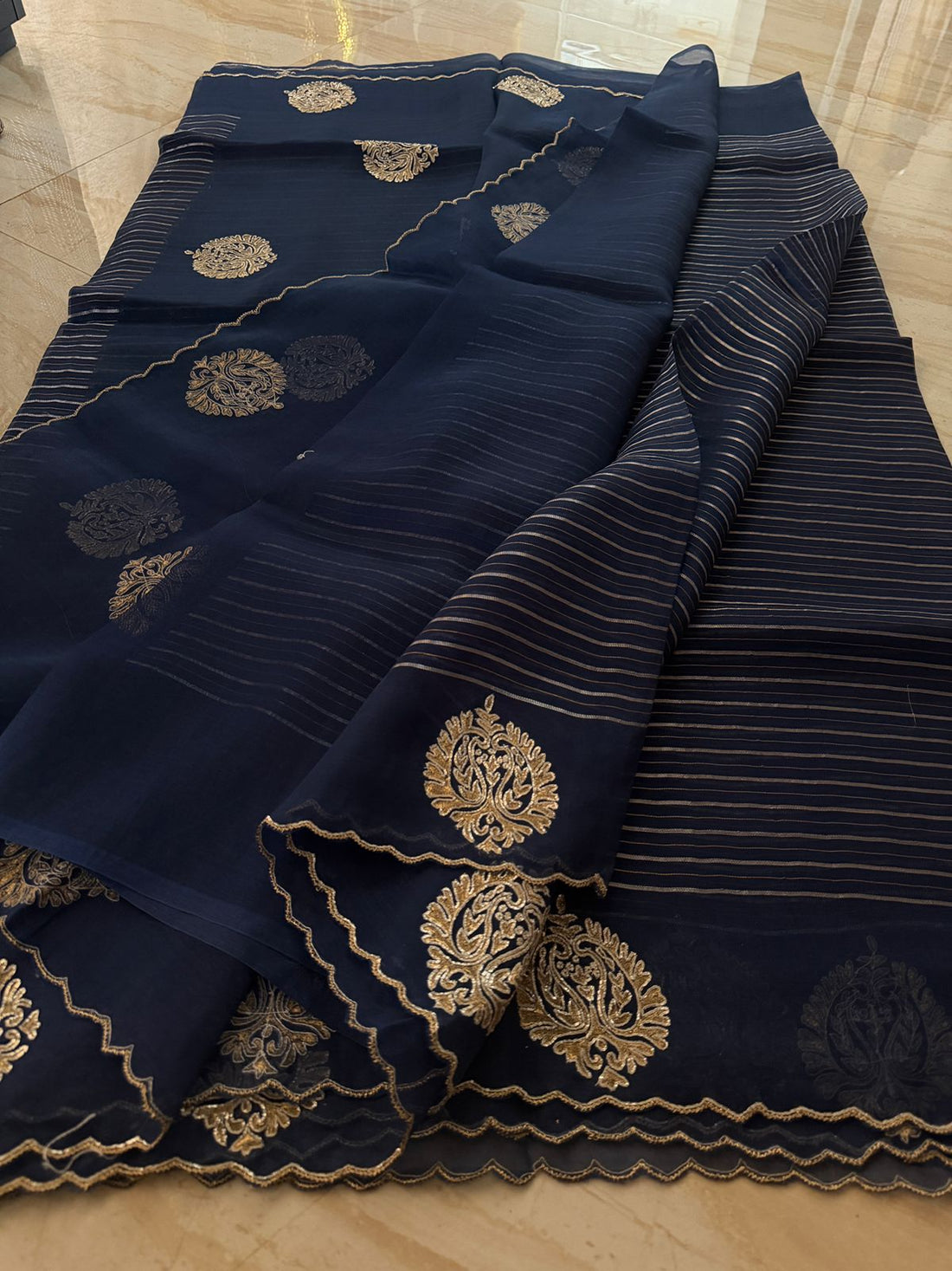 Pure Organza Saree Zari Stripes Saree With Hand Zardozi Dabka Work Butta