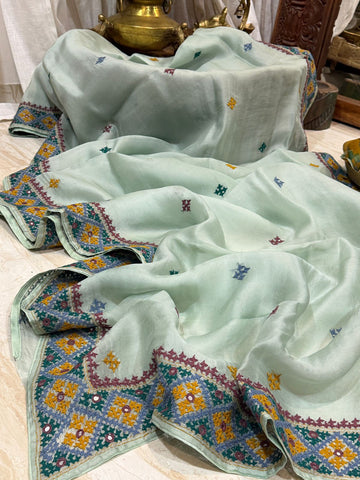Elegant Organza Saree with Hand Kutch Embroidery