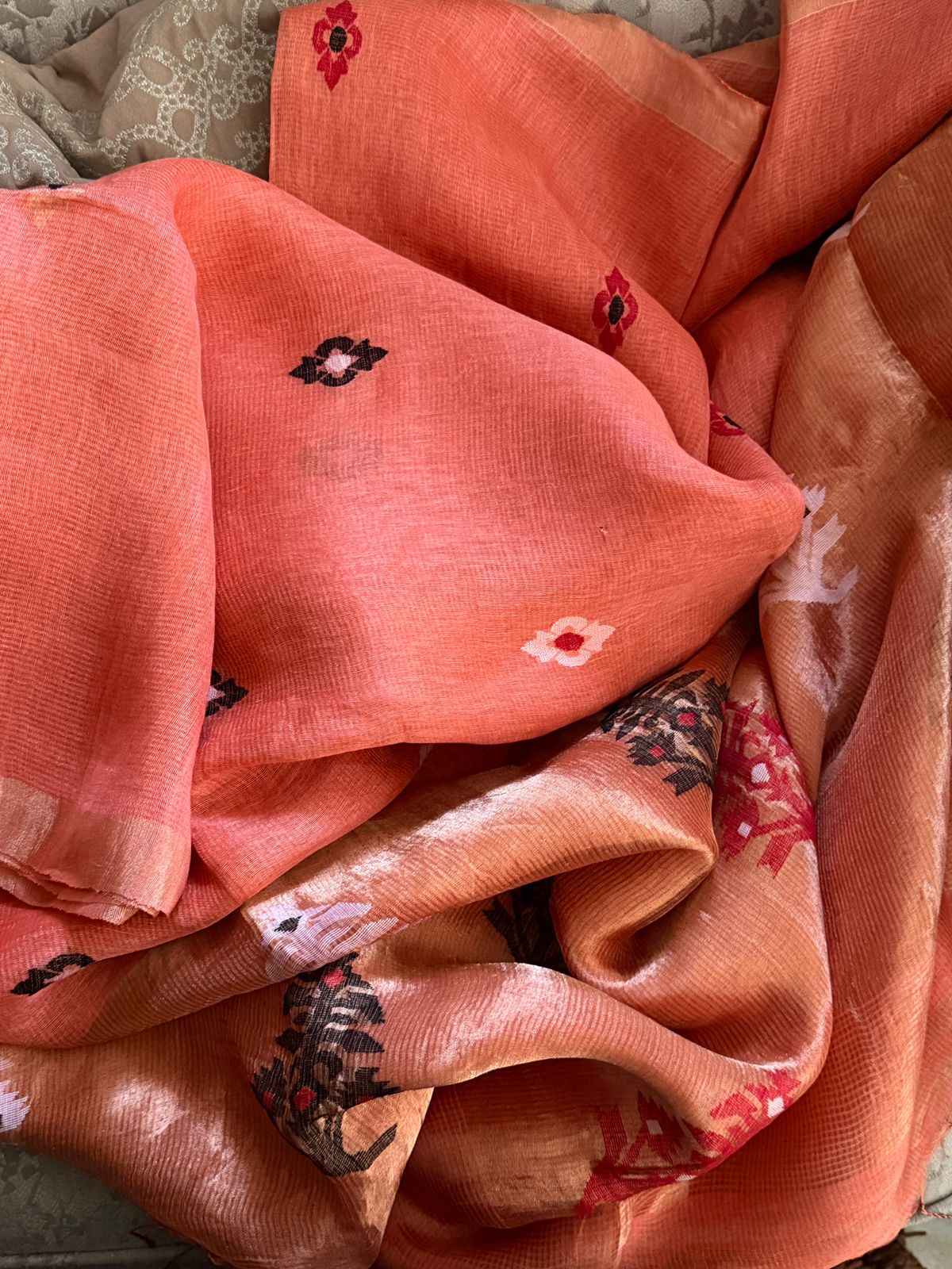 Pure Handloom Linen Tissue Silk Saree With Jamdani Weave