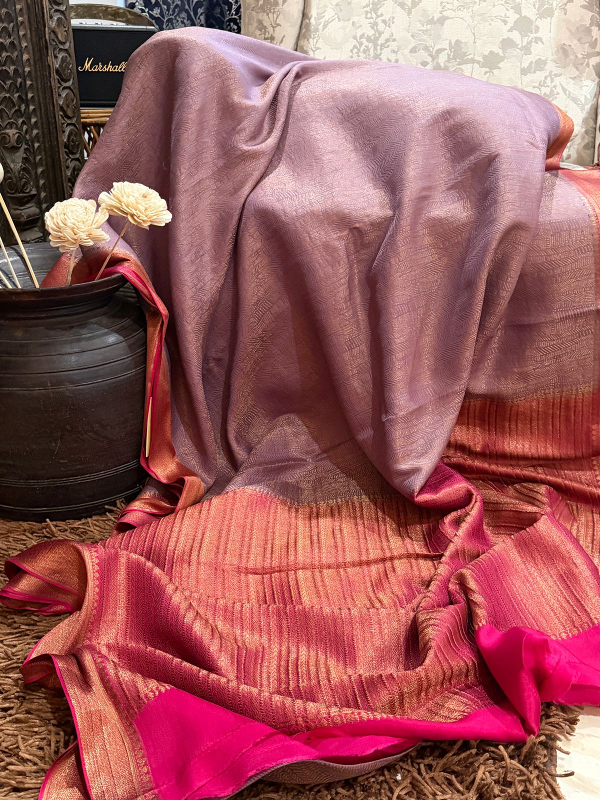 Mysore Brocade Crepe Silk Saree With Antiq Zari Weave