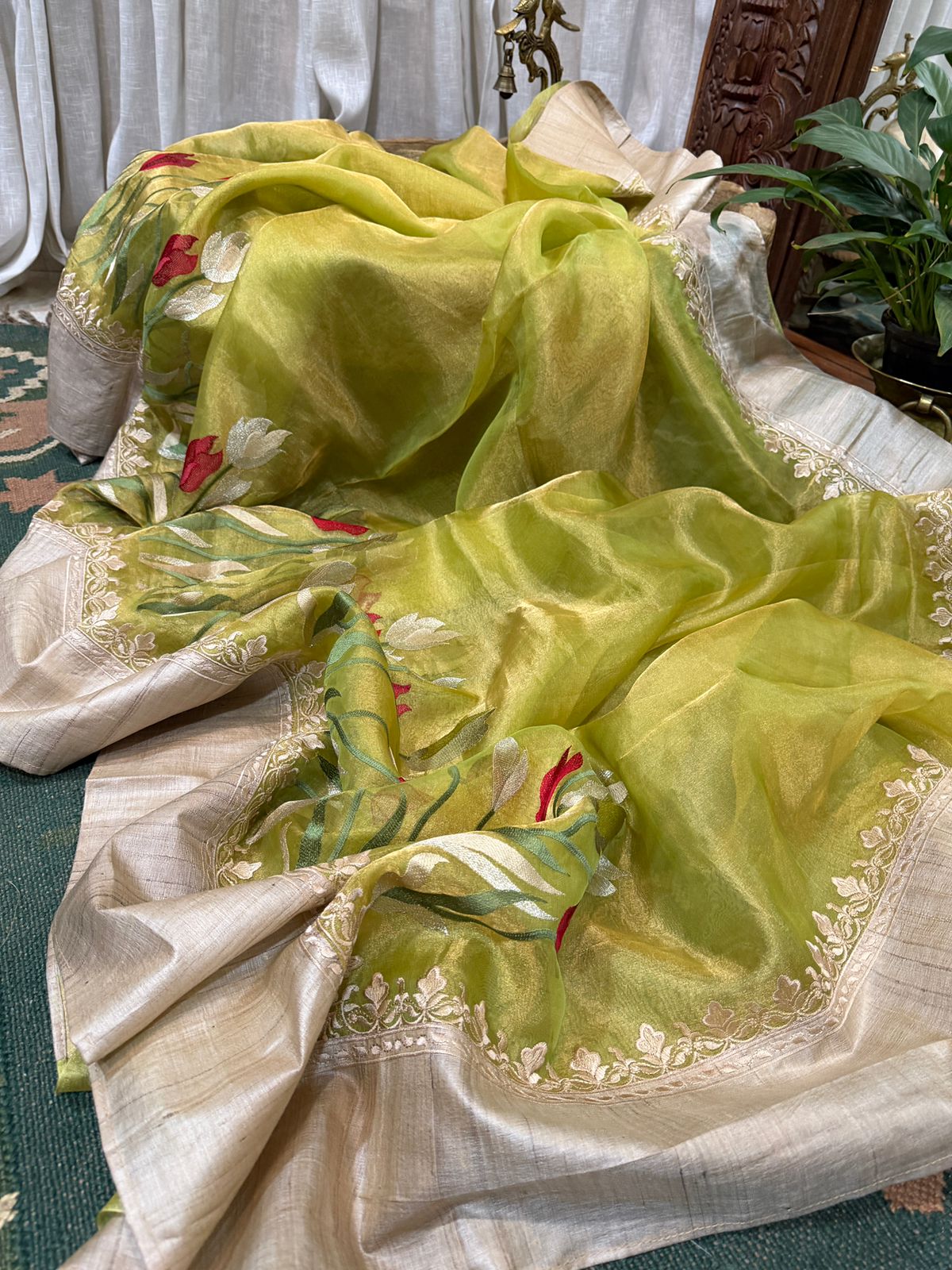 Banarasi Soft Tissue Embroidery Silk Saree With Tussar Border